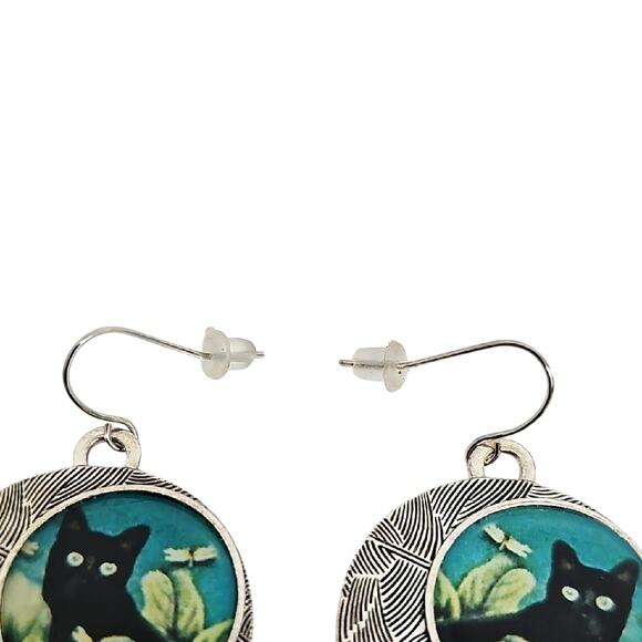 Black Cat in a Field w/Green Rhinestone Accent Silver Earrings Halloween Artisan - Picture 3 of 5